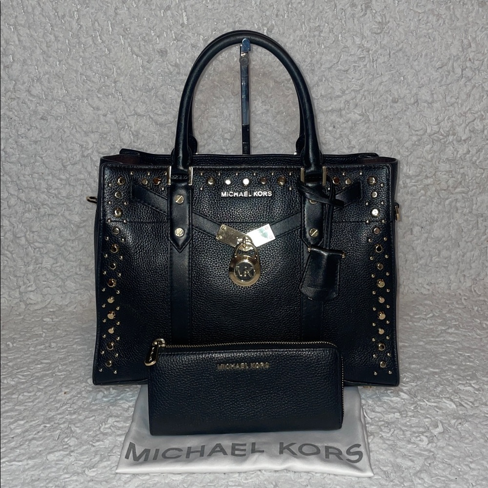 Michael Kors Nouveau Hamilton Studded Leather Shoulder Bag and Wallet Set Black